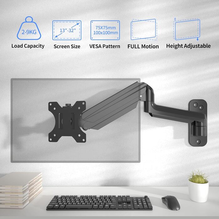 Кріплення для монітора Suptek, 13-32 дюйми, LED/LCD/TV, до 9 кг, газ-амортизатор, регулювання висоти, нахил, поворот, VESA 75/100