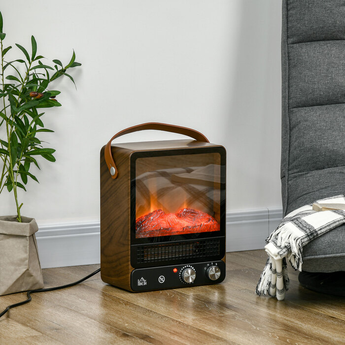 Електричний камін HOMCOM 750/1500W з ефектом полум'я, захистом від перегріву, низьким рівнем шуму, регульованим стоячим каміном з ручкою для затишних вечорів