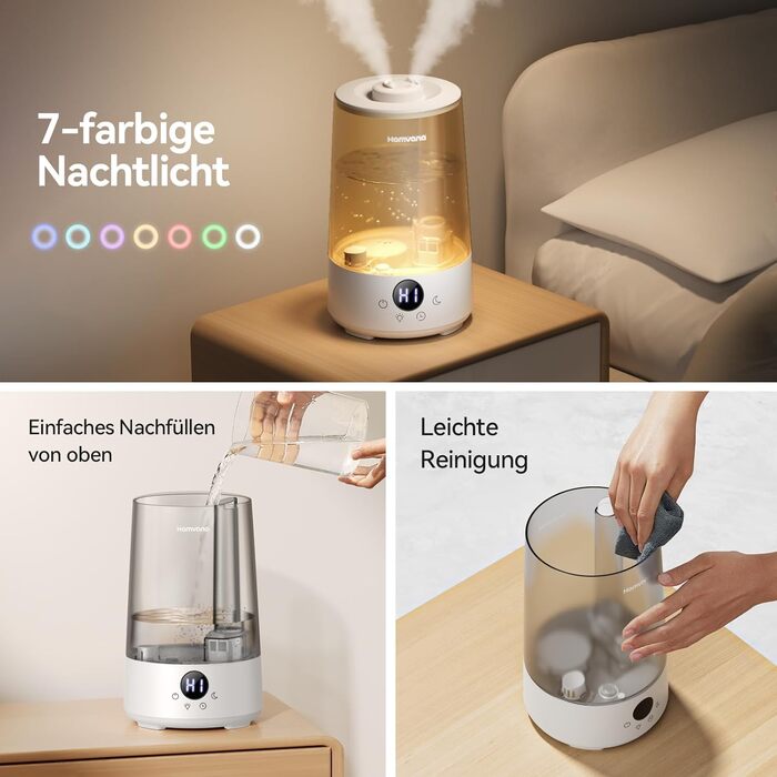 Зволожувач повітря Homvana для спальні, 3.6L, 360° Cool Mist, 34 години роботи, тихий 16dB, для рослин, сірий