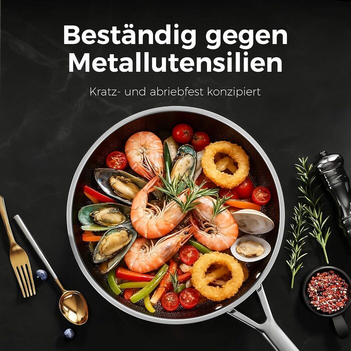 Набір сковорідок DiamondTitan з нержавіючої сталі, 3 шт. (20+24+28 см), антипригарне покриття з кераміки, для всіх типів плит, лазерне різьблення у вигляді стільникової структури, не нагрівається ручка, придатні для миття в посудомийній машині