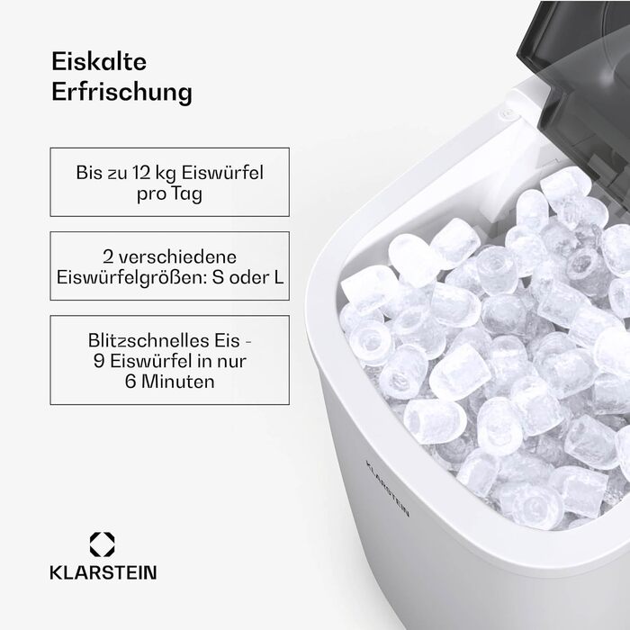 Машина для приготування льоду Klarstein - 12 кг/24 год, 2 розміри, резервуар 1,3 л, LED-дисплеї, прозорий кришка, портативна, для вечірок/садових свят, білий