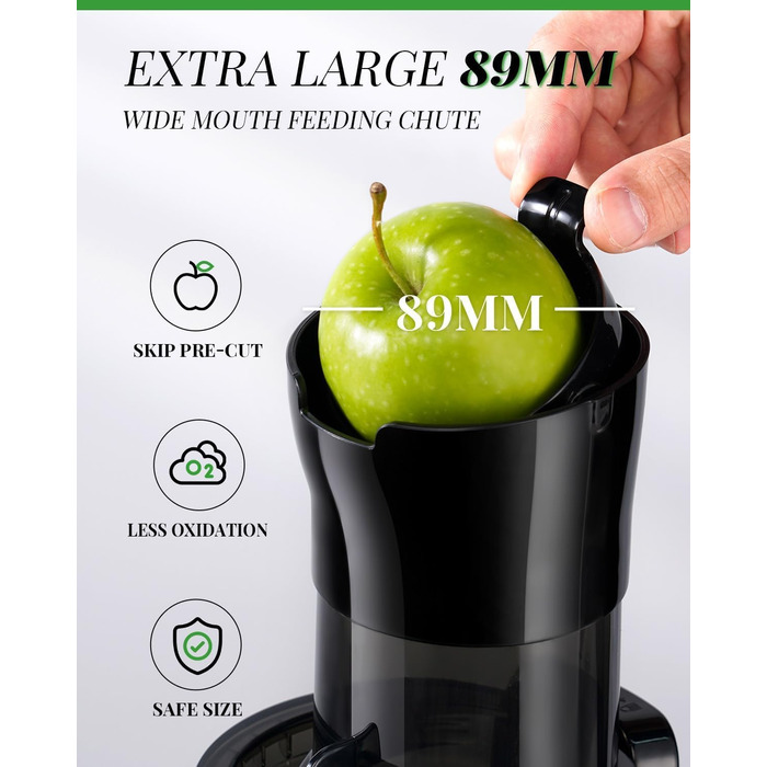 Електричний соковитискач GDOR з великою завантажувальною воронкою 90 мм, висока врожайність, тихий, BPA-free, легко миється, 200W, сірий