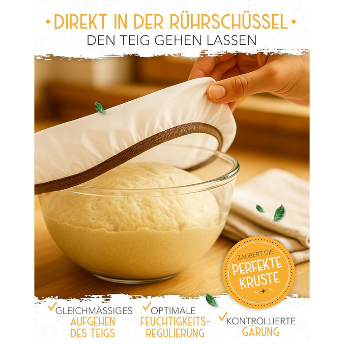 Набір для випічки хліба на заквасці: 2 гнізда для бродіння з ротангу, 600 мл закваски, гнітло, склянка та ніж для хліба. Аксесуари для випічки, 40x40x15 см