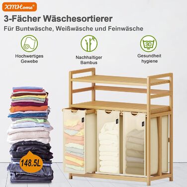 Бамбуковий сортувальник для білизни з 3 відділеннями, 148 літрів, 2 яруси, великий кошик для білизни з знімним мішком, прямокутна коробка для ванної, спальні та пральні, 77.5x41.3x100.5 см, Бежевий