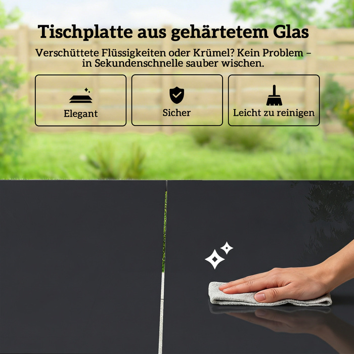 Набір садових меблів: комплект для відпочинку 150 x 80 см з розкладним столиком зі скла та 6 дихаючими стільцями з декоративними підлокітниками, колір - чорний.