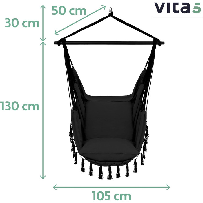 Підвісне крісло на відкритому повітрі - Стійке та безпечне крісло-гамак - Стильне підвісне крісло для приміщень - Гойдалки для дорослих та дітей - Зручне оформлення кімнати в стилі бохо - Вантажопідйомність 200 кг (чорний), 5