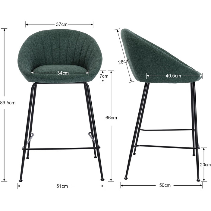 Барні стільці 2 шт. Chairus, металевий каркас, з льону, для кухні/домашнього бару (зелений)