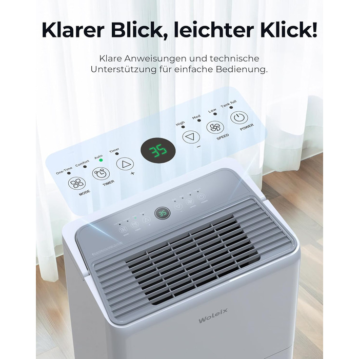 Електричний осушувач повітря 12L з таймером, для підвалів та приміщень до 122м³, з фільтром та 1м шлангом, 10 років гарантії, 50л/день