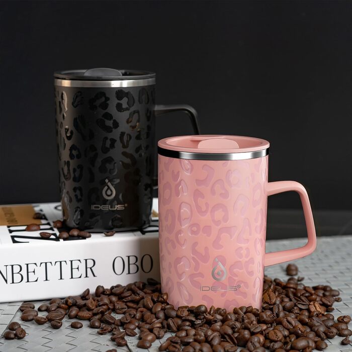 Кавова чашка Ideus® 470 мл з подвійними стінками, з нержавіючої сталі, з нековзним ручками та кришкою-ковпачком (Червоно-зебра, Рожева Леопард)