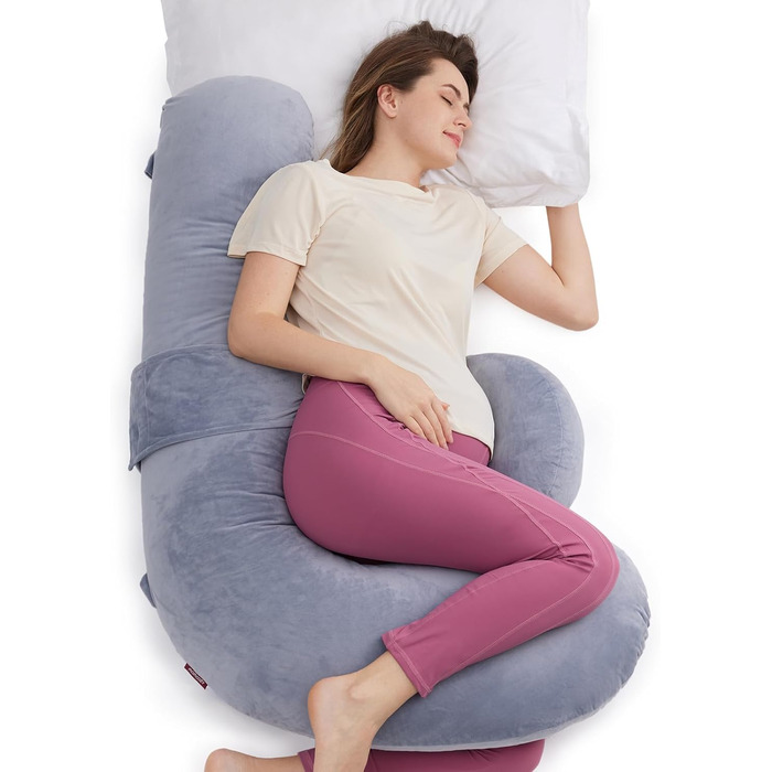 Подушка для вагітних Momcozy F-подібної форми з регульованою подушкою-клином, підтримка всього тіла, для сну на боці, з велюровим чохлом, сіра