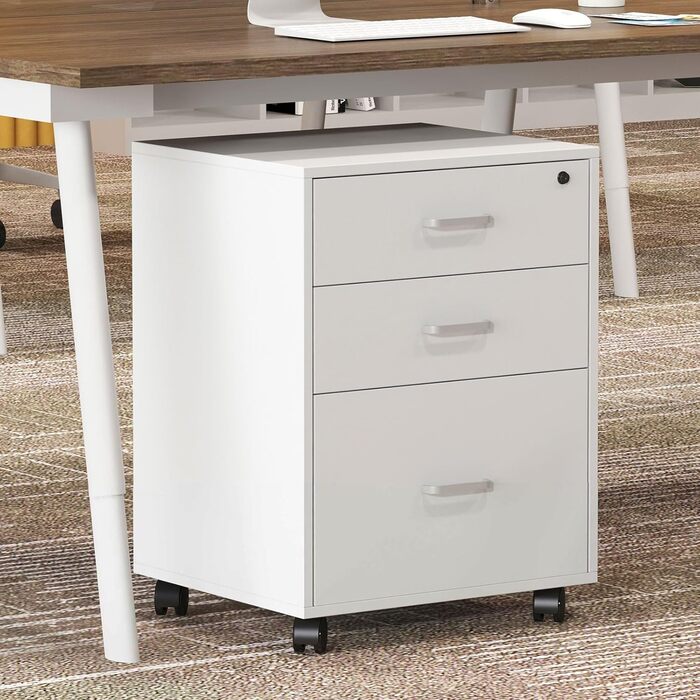 Шафа для документів на колесах SogesHome, офісний контейнер з 3 висувними ящиками, білий, з замком