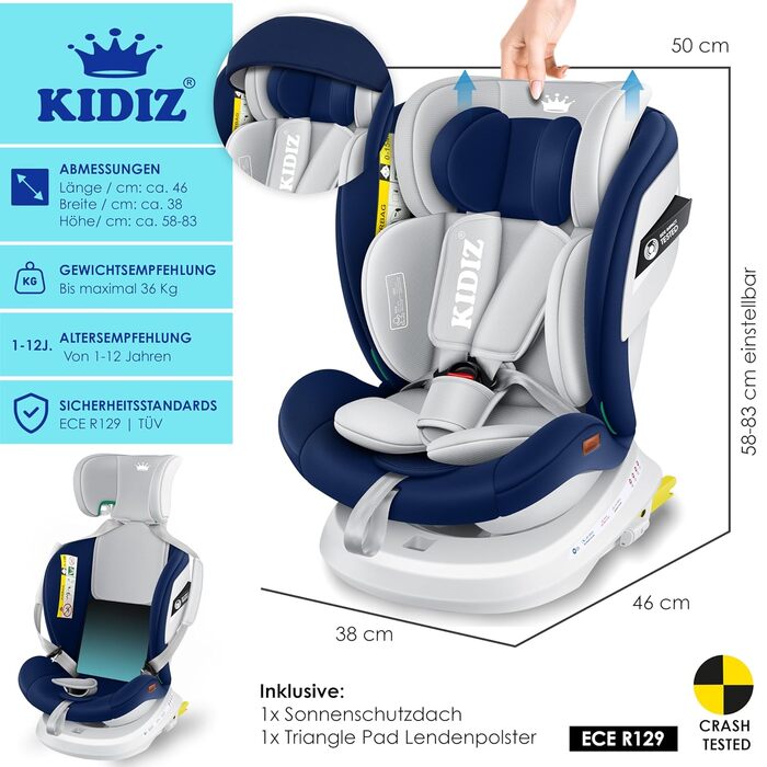 Автокрісло KIDIZ® i-Size ECE R129 для дітей 0-12 років (0-36 кг) з обертанням 360°, Isofix, Top Tether, 5-точкова система безпеки, сонцезахист (Navyblue)