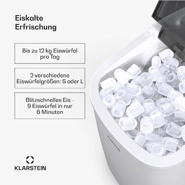 Машина для приготування льоду Klarstein - 12 кг/24 год, 2 розміри, резервуар 1,3 л, LED-дисплеї, прозорий кришка, портативна, для вечірок/садових свят, білий