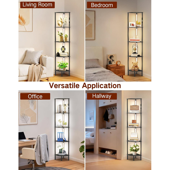 LED торшер з полицею: 3 режими світла, димування (сенсор, пульт), кутова полиця 5 рівнів, вузька книжкова шафа для вітальні, спальні, офісу (чорний)