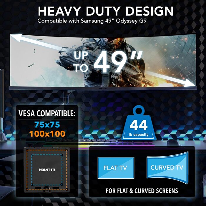Кріплення для монітора Mount-It! Heavy Duty Ultrawide до 49 дюймів, 20 кг, VESA 75x75/100x100, RGB-підсвічування, кріплення для моніторів Samsung Odyssey G9