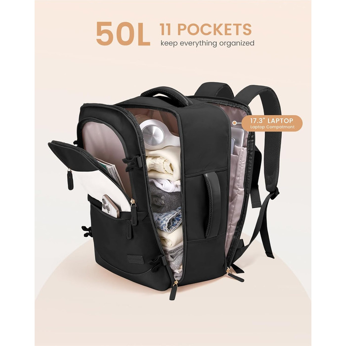 LOVEVOOK Рюкзак для ручної поклажі 40L, для подорожей, з відділенням для мокрого та сухого, для ноутбука, 45x36x20 см (Чорний)