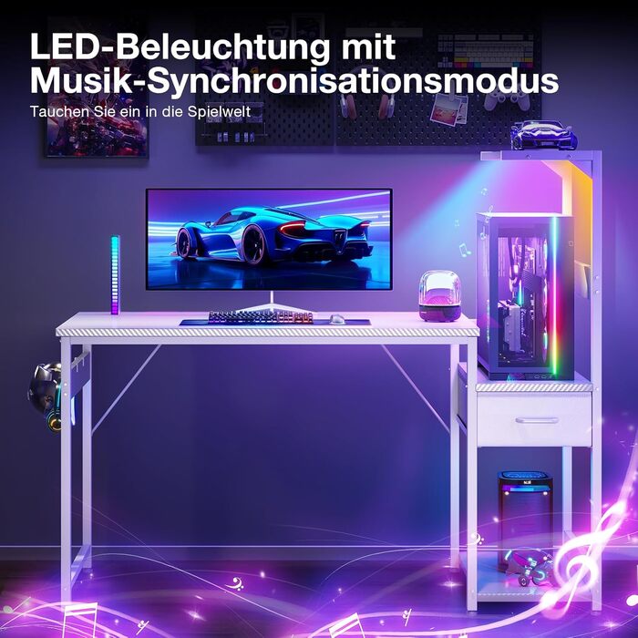 Ігровий стіл Coleshome з LED-підсвічуванням 120x48 см, з шухлядами та полицею, обертовий, з тримачем для навушників, карбонове волокно