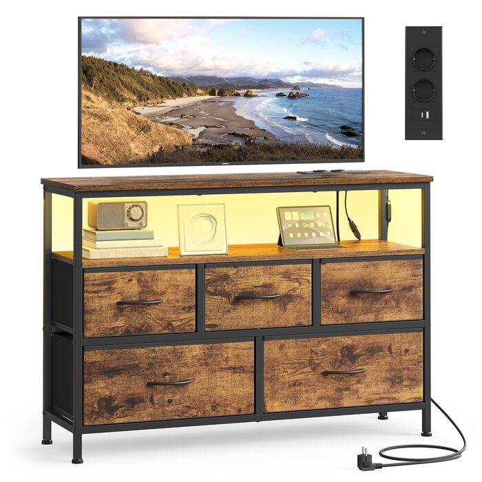 SONGMICS BELLAH: Комод з LED-підсвіткою, тумба з бездроговою зарядкою, 5 шухляд, індустріальний стиль, vintage brown + ink black