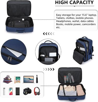 Рюкзак KONO для ручної поклажі в літак, великий, водонепроникний, 55 x 35 x 20 см, 38L (Navy)