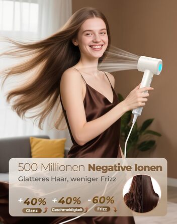 Іонний фен для волосся з дифузором, швидке сушіння 150 000 об/хв, 500 млн негативних іонів, 8 температурних режимів з LED-дисплеєм, для кучерявого та густого волосся, бежевий