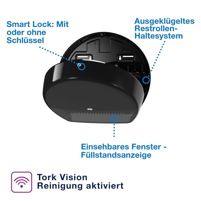 Диспенсер для туалетного паперу Tork Mini Jumbo чорний T2, закритий, лінія висоти, 555008