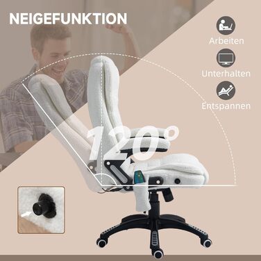 Крісло офісне Vinsetto з масажем, підігрівом, регулюванням нахилу та функцією розслаблення. Комп'ютерне крісло для офісу, кремово-біле, з кишенею з льону, оббивка з тедді-замші (100% поліестер).