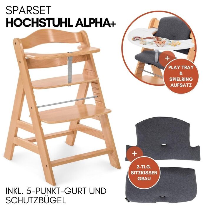 Дитячий стільчик Hauck Alpha+ з підносом Play Tray, знімний ігровий модуль та подушка - регульований, з підручними матеріалами, з дерева, для дітей від 6 місяців, білий (Play Catching - Fox, Natur)