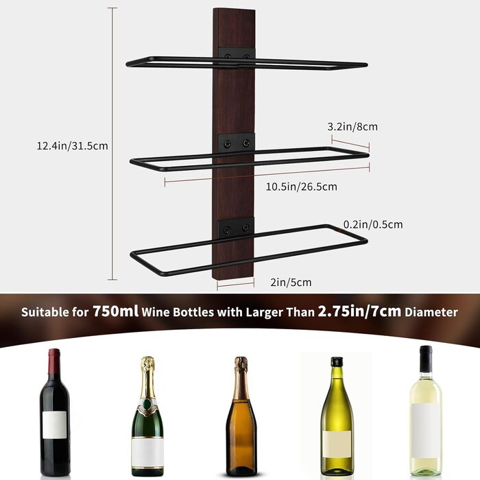 Металева полиця для пляшок вина, 9 відділень, чорна, настінна | Weinregal