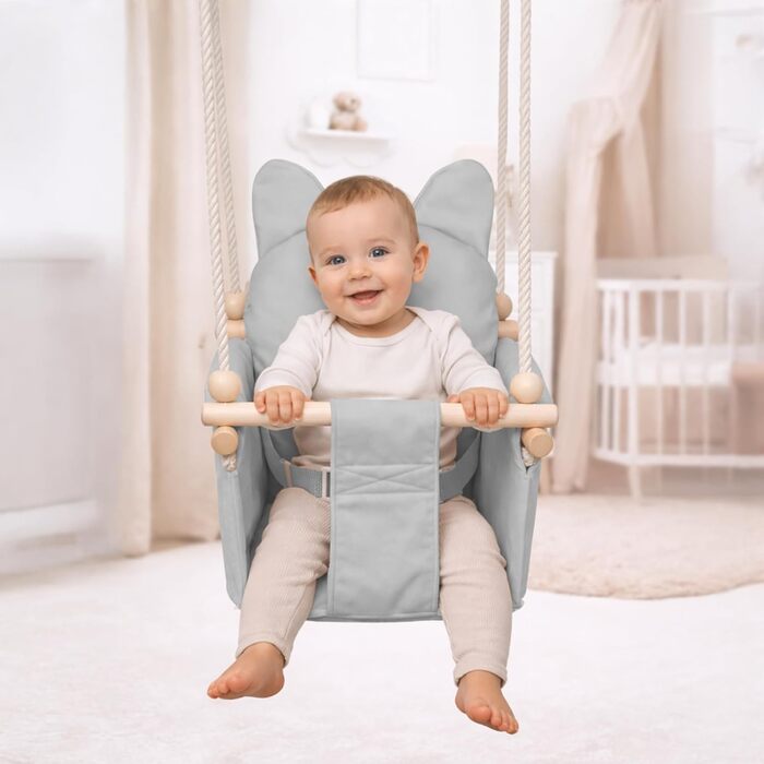 Дитяча гойдалка-колиска MAMOI з ременем безпеки, регульована висота 150-190 см, для дому, стійка конструкція, велюрове сидіння, легкий монтаж, світло-сіра