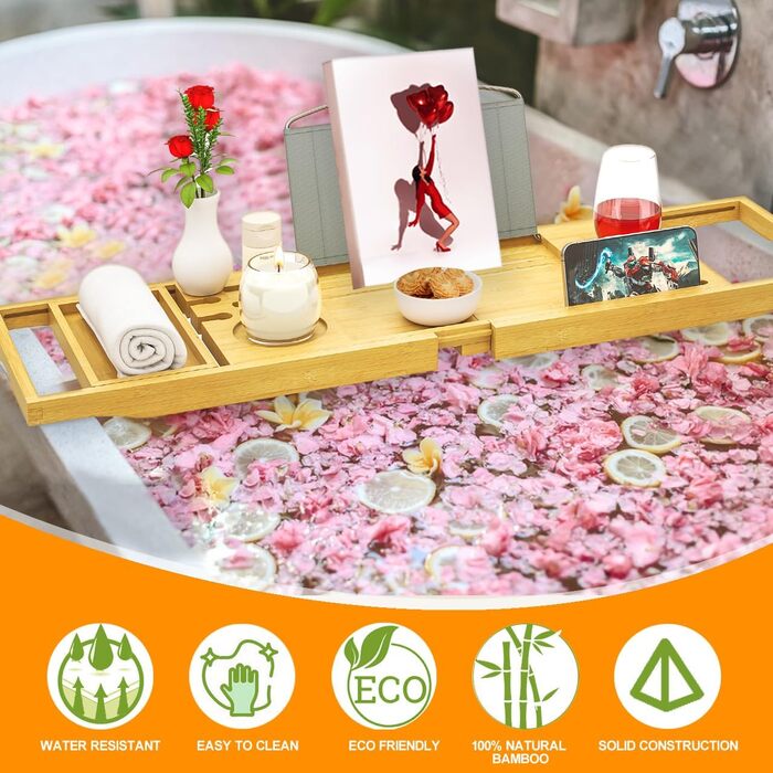 Висувна поличка для ванни - регульована доріжка для ванни. Неслизька поличка для ванни. Підходить для більшості ванн. Утримує книгу, iPad, телефон, склянку, свічку. Преміум-якість, натуральні матеріали.