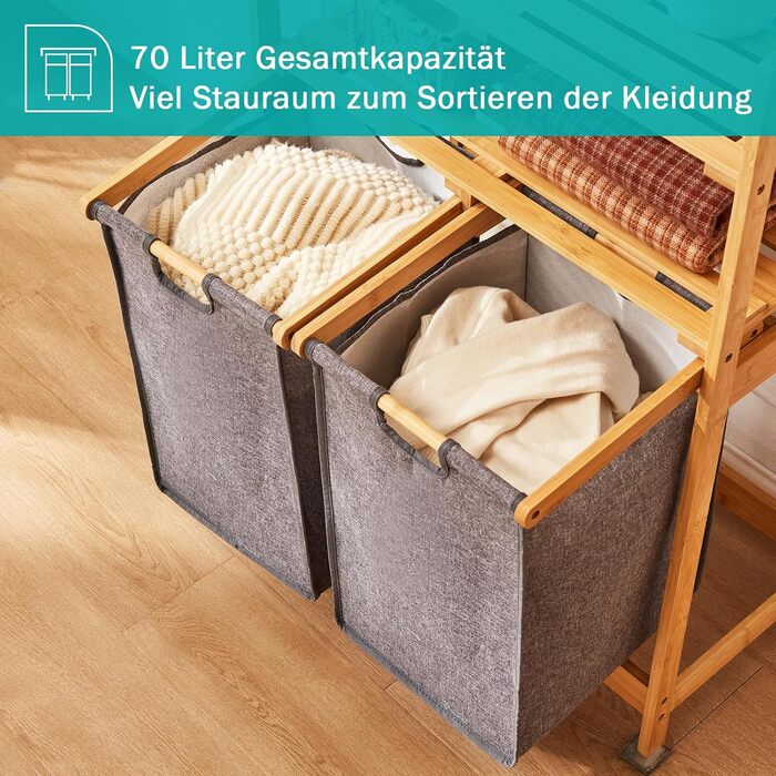 Кошик для білизни YOUDENOVA з бамбукового каркасу, 2 відсіки, 2 висувні мішки для білизни, 93x64x33 см, 70 л, сірий