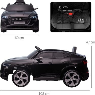 Дитячий електромобіль Audi E-tron 12V HOMCOM, з пультом, ременем безпеки, музикою (MP3/USB/TF), для дітей 3-5 років, чорний