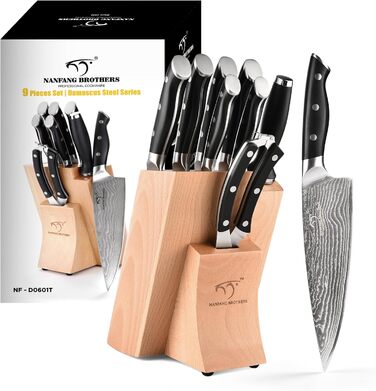Набір ножів NANFANG BROTHERS 9 предметів з дамаської сталі, кухонний набір ножів для професійних кухарів, з ергономічною дерев'яною ручкою