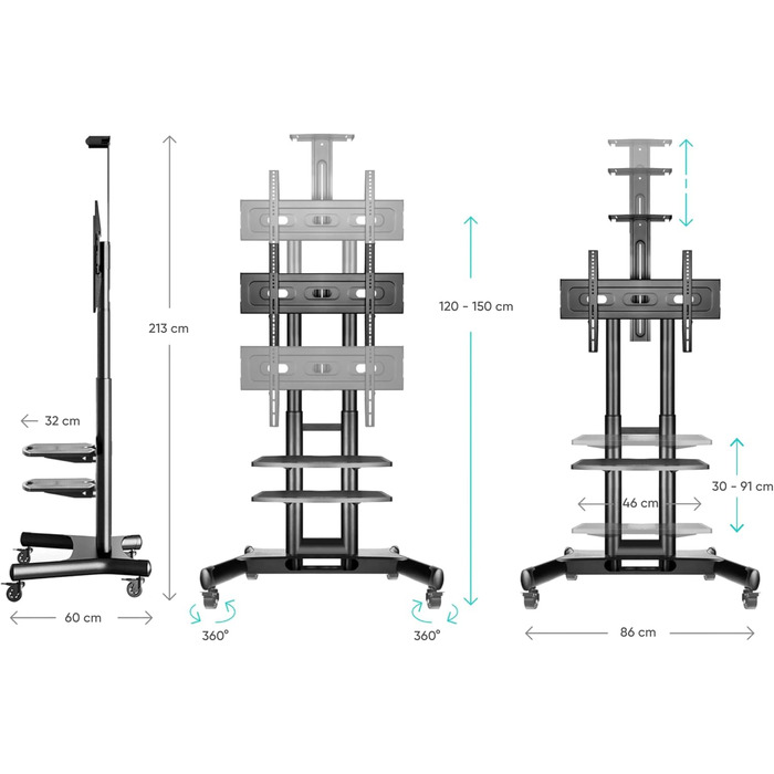 Тумба під телевізор ONKRON Rollable 40-70 дюймів, 45,5 кг, з колесами та 2 полицями, регульована по висоті, Чорна