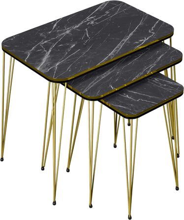 Набір приставних столів Rudkøbing Набір гніздових столів з 3 столів для вітальні з чорним мармуром Стіл для вітальні з квадратною верхньою шпилькою Металевий золотий тон Диванний стіл мармуровий, чорний / золотий