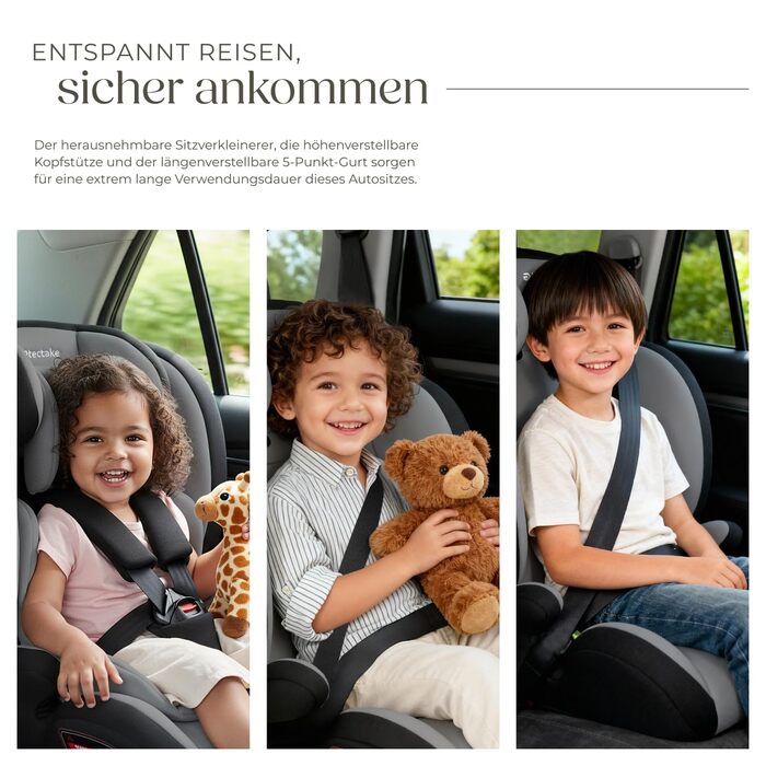 Автокрісло Tectake з 5-точковим ременем, i-Size, бічний захист, для дітей 76-150 см (до 36 кг), бустер, темно-сірий/чорний