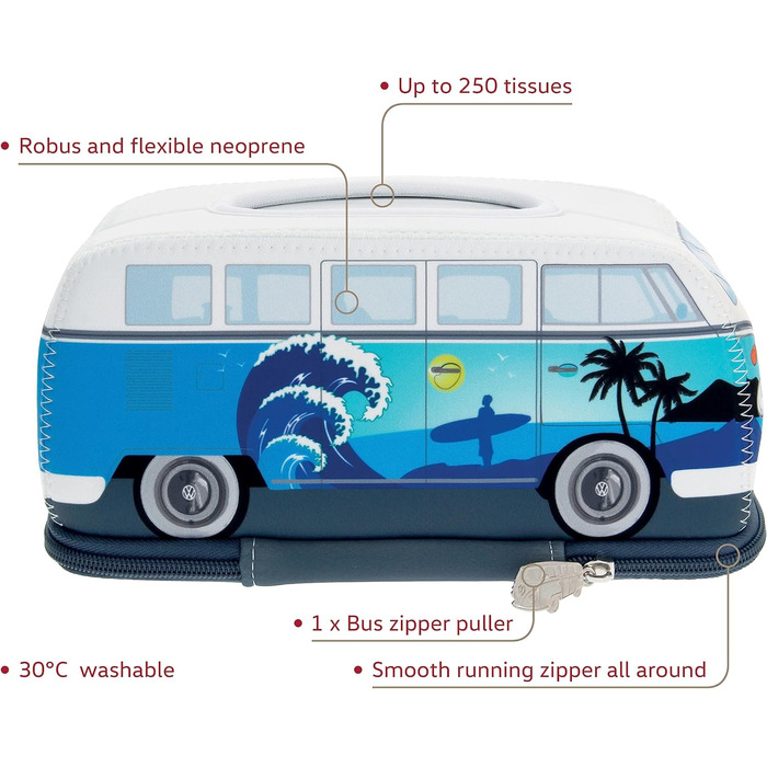 Неопренова косметична коробка для хустки в дизайні автобуса T1 Bulli (серфінг/синій)