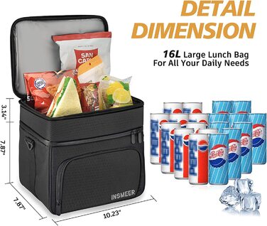 Сумка для сніданку INSMEER для чоловіків, маленька сумка-холодильник 16L складна з 2 відділеннями, сумка для сніданку з регульованим плечовим ременем для води