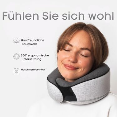 Подушка для подорожей Proglobe з Memory Foam, ортопедична, сіра. З маскою для сну та чохлом.