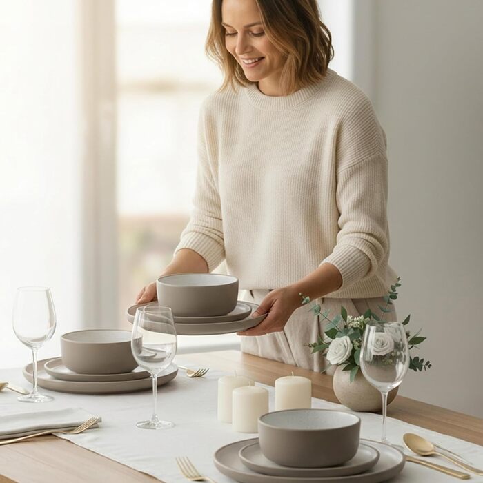 Набір посуду Hausfelder для 8 осіб (32 елементи) – сервіз з тарілок, мисок та чашок, кераміка, бежевий (Nordic Sand), стійкий до миття в посудомийній машині