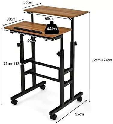 Письмовий стіл сидячи з регулюванням висоти, стіл для креслення комп'ютерного столу з коліщатками, мобільний стіл стоячи з 2 окремими робочими місцями, робочий стіл для ПК (коричневий)