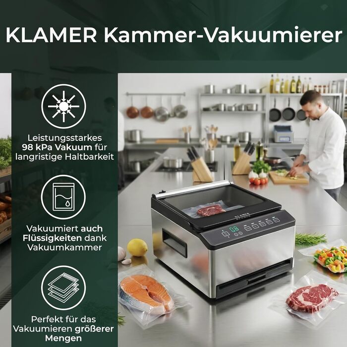 Вакууматор KLAMER Vakuumierer Pro 80 (2025) для сухих та вологих продуктів, для Sous Vide, з пакетами та шлангом