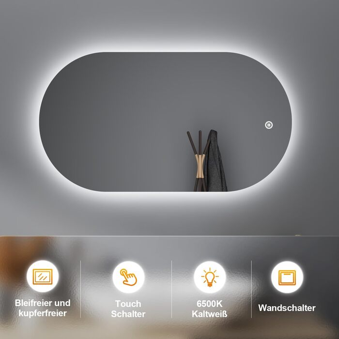 Дзеркало для ванної кімнати з LED-підсвічуванням 40x60 см, 3 кольори світла, сенсорне керування, IP67, енергозберігаюче, для ванної та вітальні