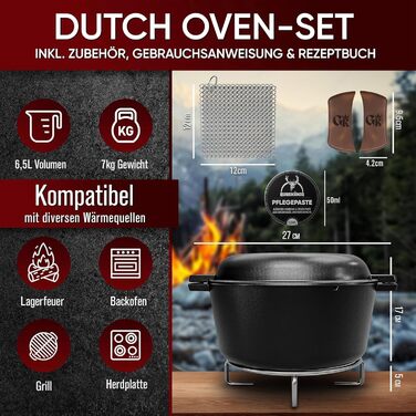 Нідерландський горщик 2в1 з чавуну 4.8L + сковорода з чавуну 1.8L - Набір нідерландського горщика з подвійною функцією - з кулінарною книгою та аксесуарами для барбекю, кемпінгу та кухні - 30 років гарантії (2в1 горщик + паста для догляду)
