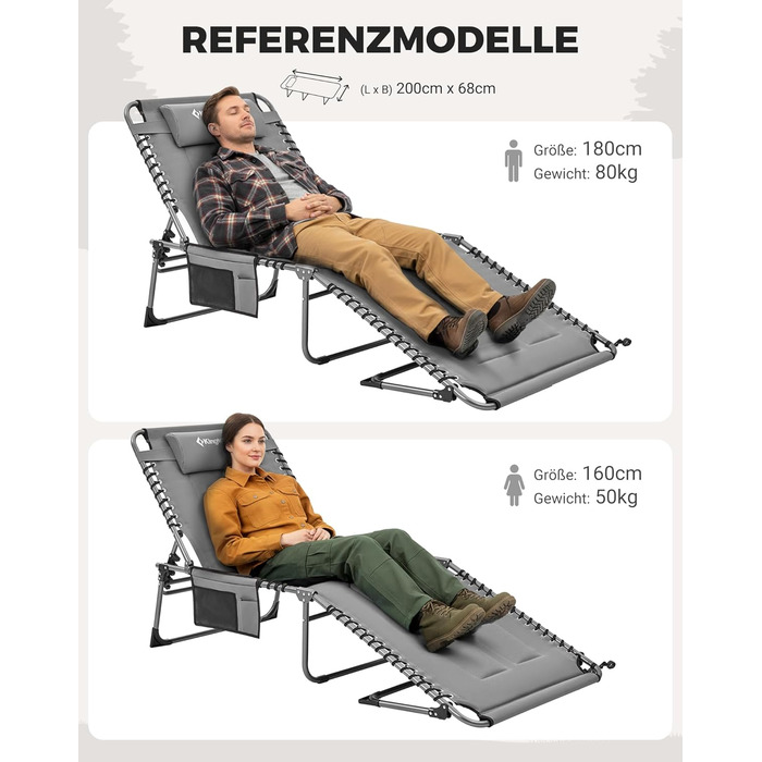 Лежак для відпочинку KingCamp великого розміру, складаний, 5 положень, для саду, кемпінгу, пляжу, з подушкою та кишенею, до 200 кг, 200 x 68 см, сірий