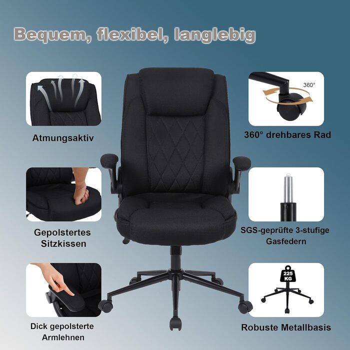 Офісний крісло Flysky з високою спинкою, регульованою висотою та підголівником, чорне. Ергономічне крісло для офісу, чорний.