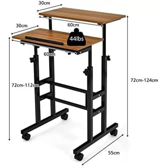 Письмовий стіл сидячи з регулюванням висоти, стіл для креслення комп'ютерного столу з коліщатками, мобільний стіл стоячи з 2 окремими робочими місцями, робочий стіл для ПК (коричневий)