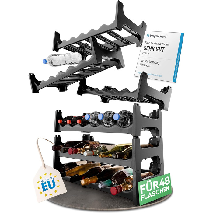 Стелаж для вина Novaliv Modulares на 60 пляшок - міцний, розширюваний, з переробленого пластику, чорний, для підвалу, ресторану та дому