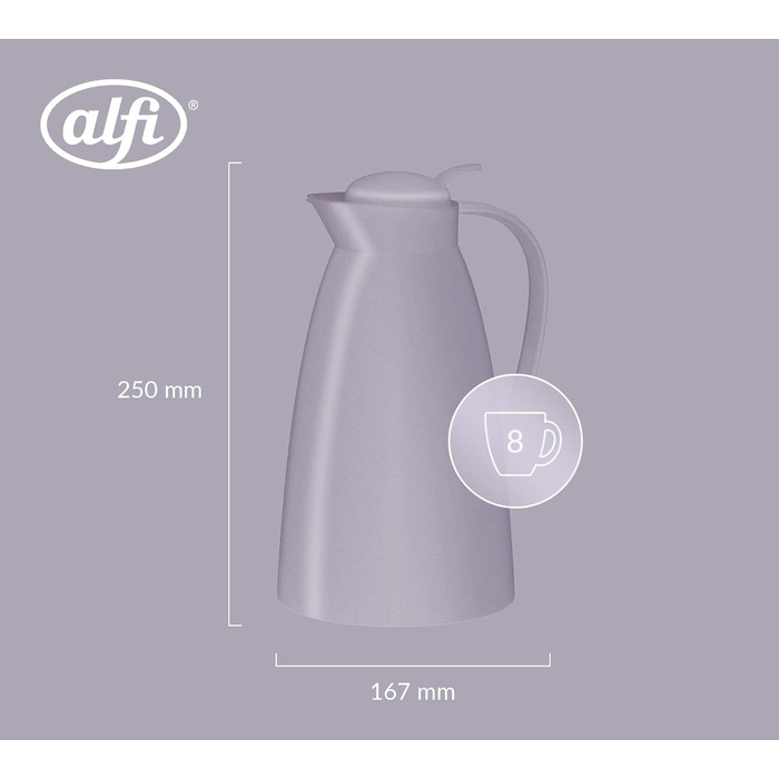 Термос Alfi ECO 1.0л з термоізоляційним скляним вкладишем, пластиковий, з поворотним клапаном та зручною кнопкою, для зручного наливання однією рукою, ідеальний для кави та чаю, BPA-Free, пастельно-ліловий