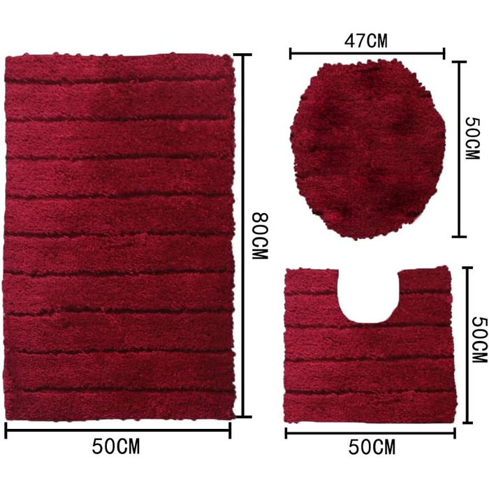 Набір килимків для ванної кімнати Jianyana 3 шт. з мікрофібри, антиковзаючі, м'які, пухнасті, з контрастним малюнком (смугастий винний колір)